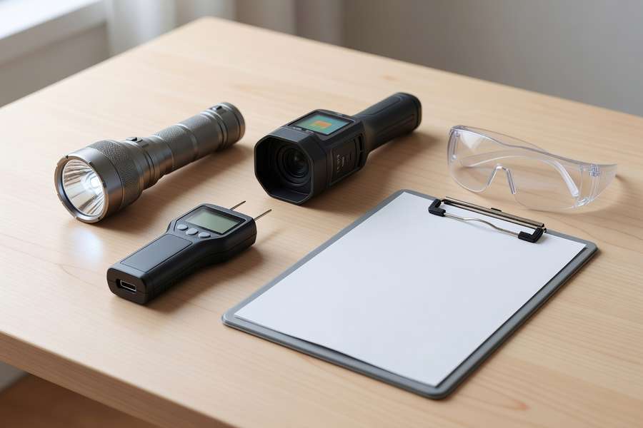 Professional home inspection tools: flashlight, infrared camera, moisture meter, and report clipboard
